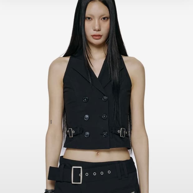 락케이크 Double Button Halter Vest Black s