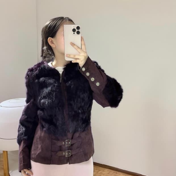 빈티지 다크 퍼플 토끼털 되지가죽자켓