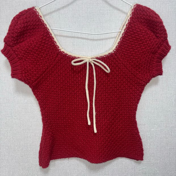 시눈 퍼프 반팔 니트 탑 레드