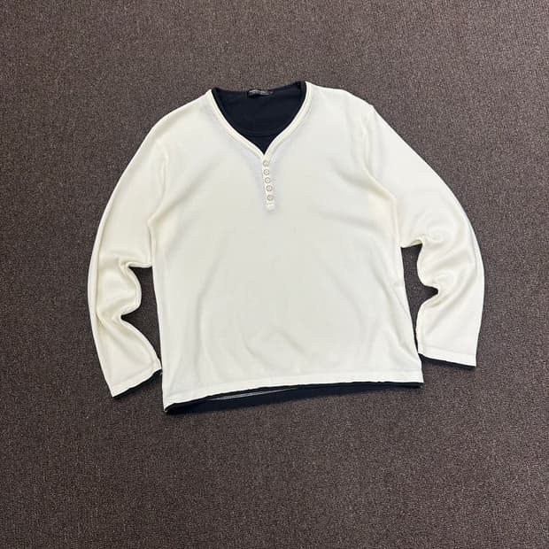 L)Japanese vintage 화이트 와플 헨리넥 롱슬리브