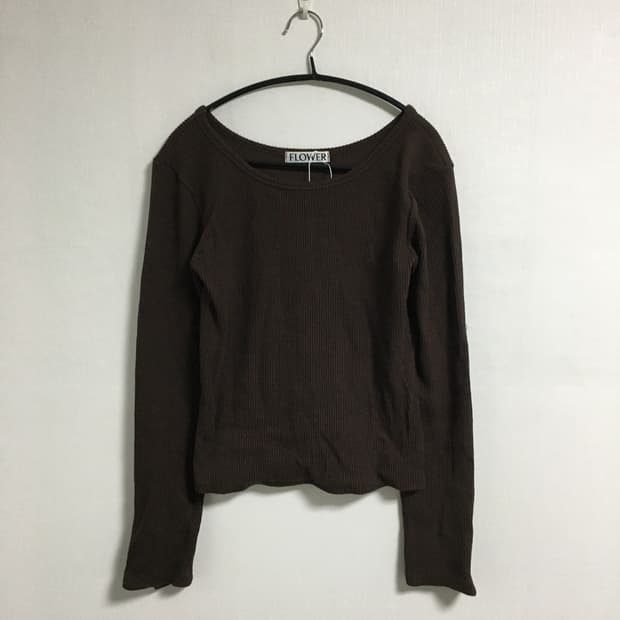FLOWER 브라운 골지 유넥 긴팔 티셔츠