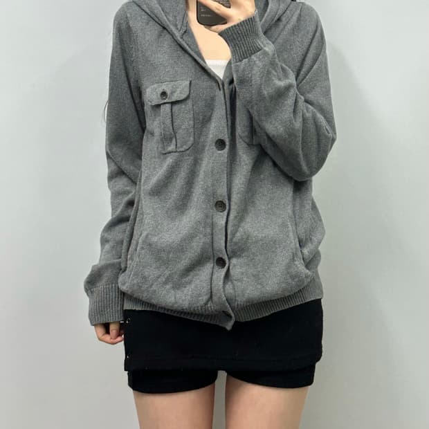 vintage 빈티지 포켓 그레이 후드 니트 가디건