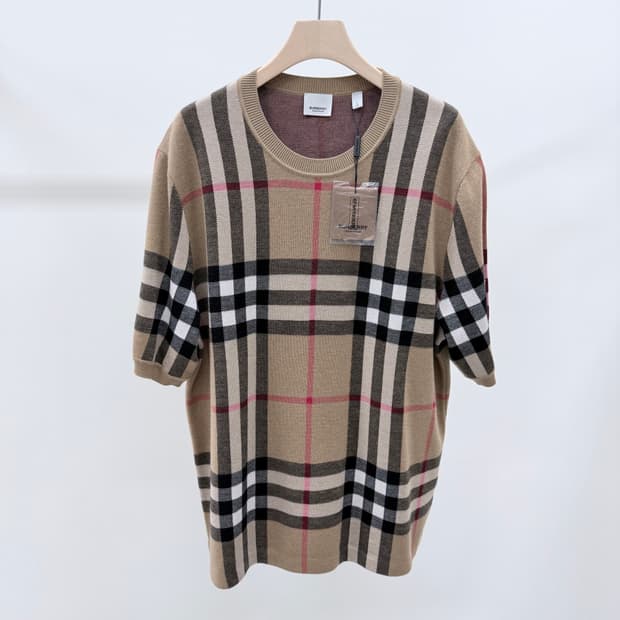 [미사용/L] 버버리 체크 울 실크 자카드 반팔 니트