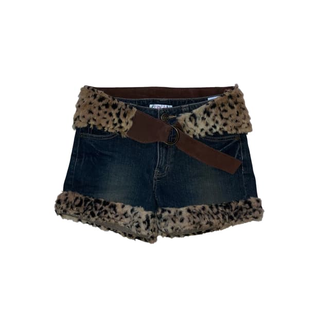 갸루 오네갸루 레오파드 퍼 숏팬츠 & 벨트 세트