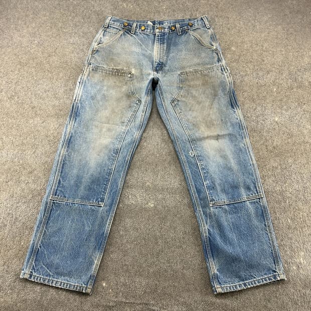 칼하트 데님 더블니 로거 팬츠 중청 루즈 오리지널 핏