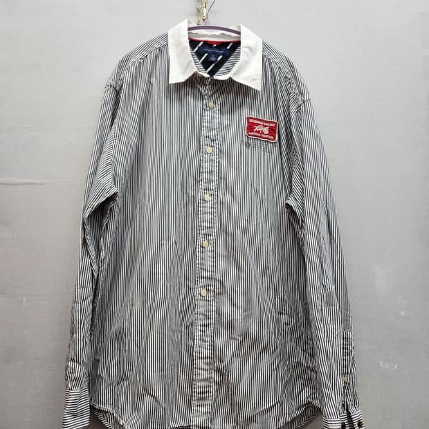 올드스쿨 타미힐피거 빈티지 패치 스트라이프 셔츠 L(XL)