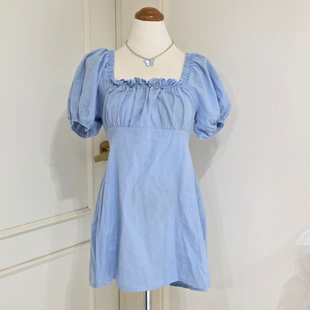 **서비스)하늘색 스카이블루 발레코어 히메갸루셔링퍼프 스모크 미니 원피스