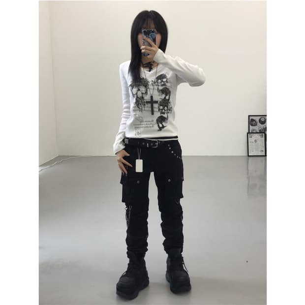 Jpn Skull Graphic Long Sleeve T-Shirts