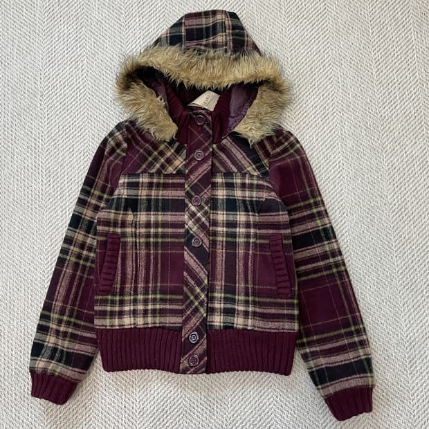 Fika 빈티지 퍼트리밍 체크 자켓 goa y2k