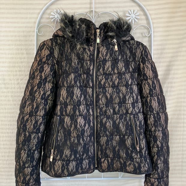 jpn vintage 블랙 시스루 플라워 패턴 패딩 y2k 스트릿 갸루 