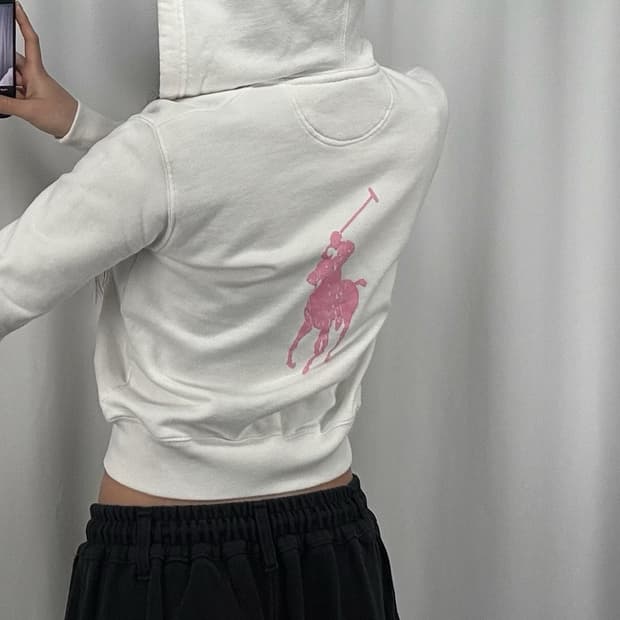 폴로 핑크 빅포니 화이트 후드집업