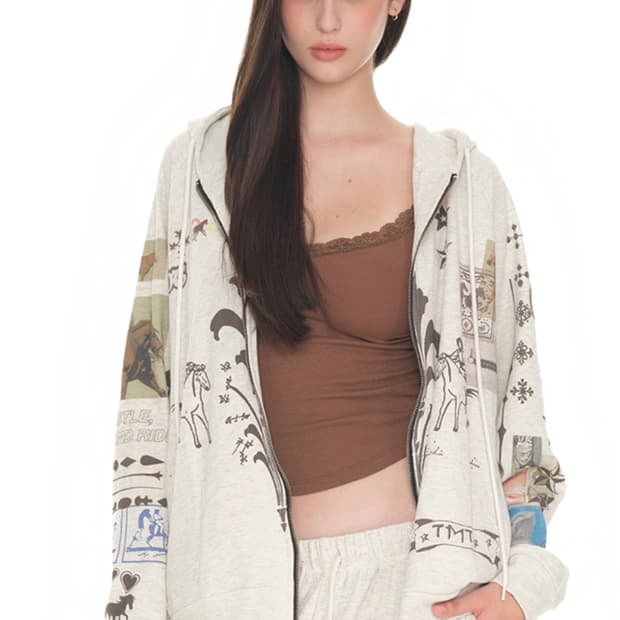 투머치택스 프린티드 와플 집업 후디 아이보리