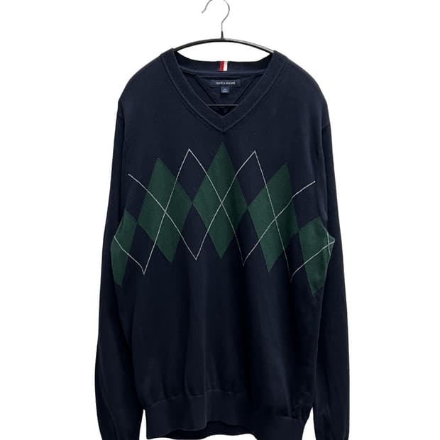 타미힐피거 남성 브이넥 아가일 니트 스웨터 네이비