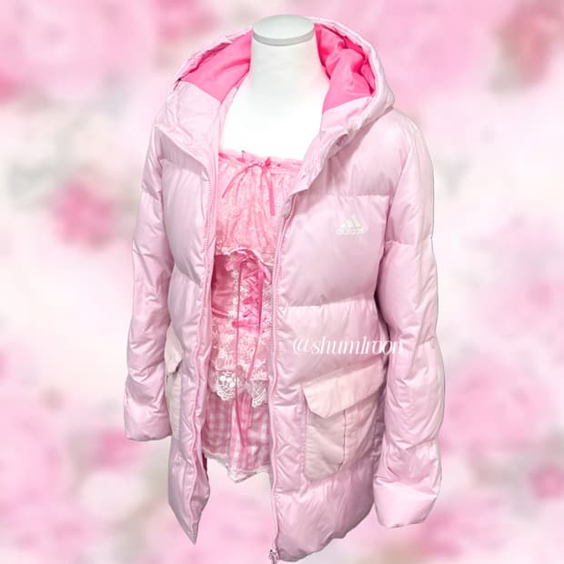아디다스 공주 딸기 연핑크 세미 롱패딩