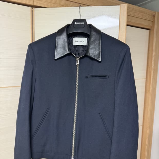 LEATHER TRIM WOOL COTTON BLOUSON_ NAVY