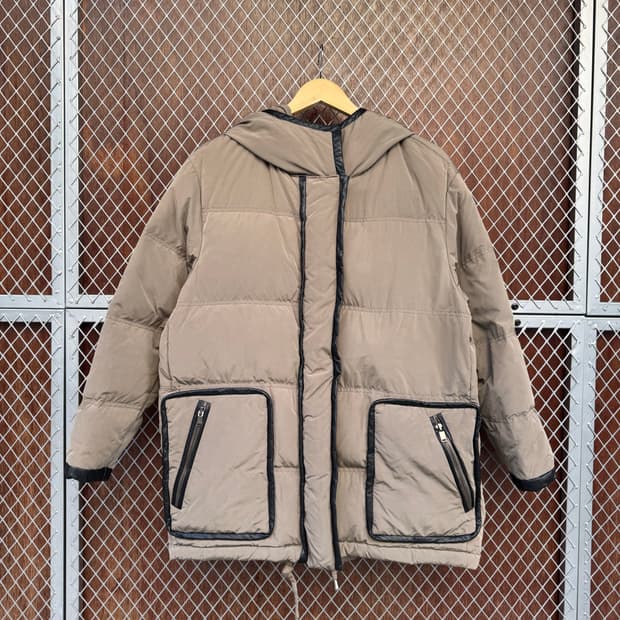 마쥬 maje 후드 덕다운 소가죽 배색 푸퍼 패딩 M