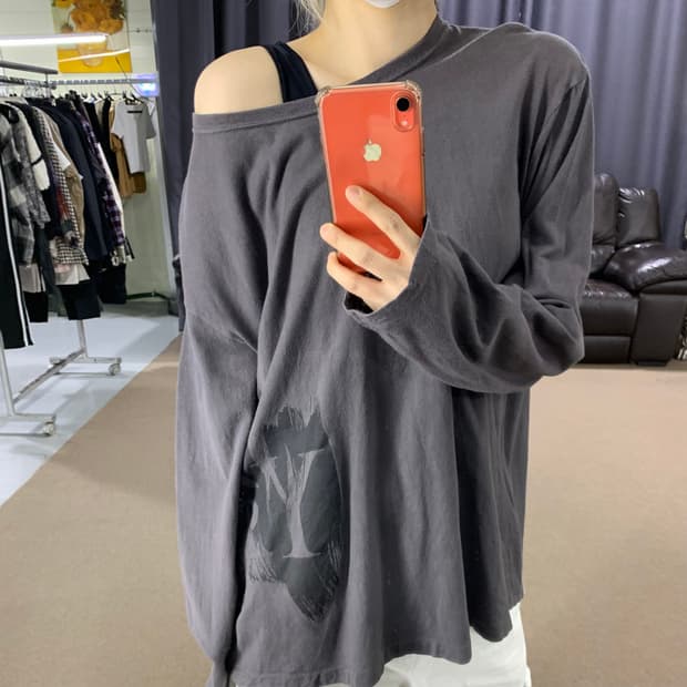  요지야마모토 Y3 프린팅 롱슬리브 긴팔 티셔츠 퍼플차콜 남녀공용