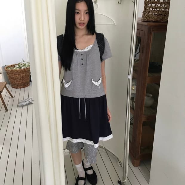 바우프 셔링 레이어드 포켓 원피스 [메란지 네이비]