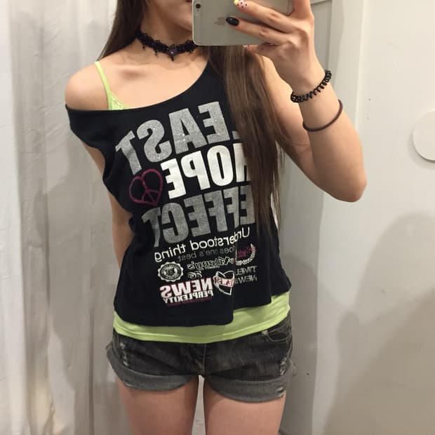 JPN Vintage 갸루 펑크 레터링 슬리브리스