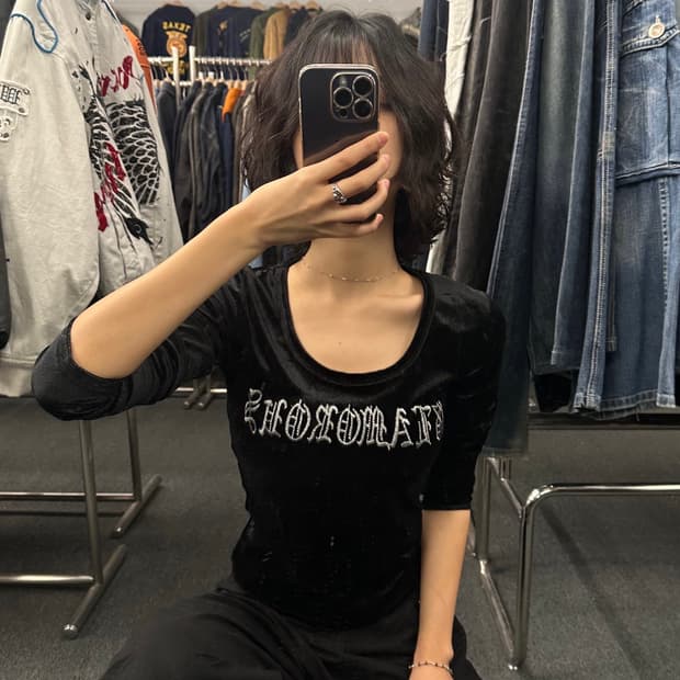 38)Japanese vintage 여성 빈티지 레터링 벨벳 롱슬리브