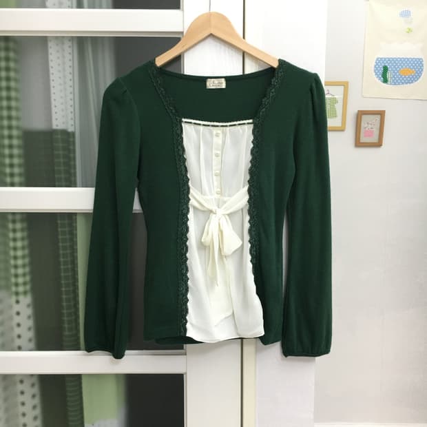 그린 레이어드 니트 블라우스