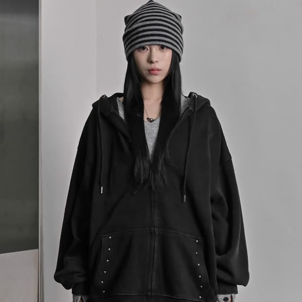 스터드 워싱 후드집업 