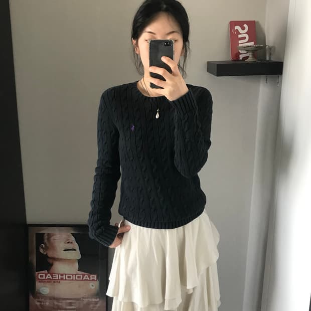 폴로 랄프로렌 걸즈 포니로고 케이블 블랙 라운드 니트