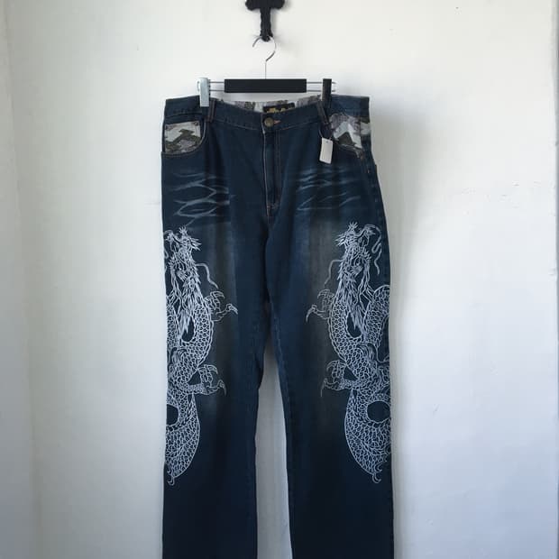 Oriental needle work denim pants
