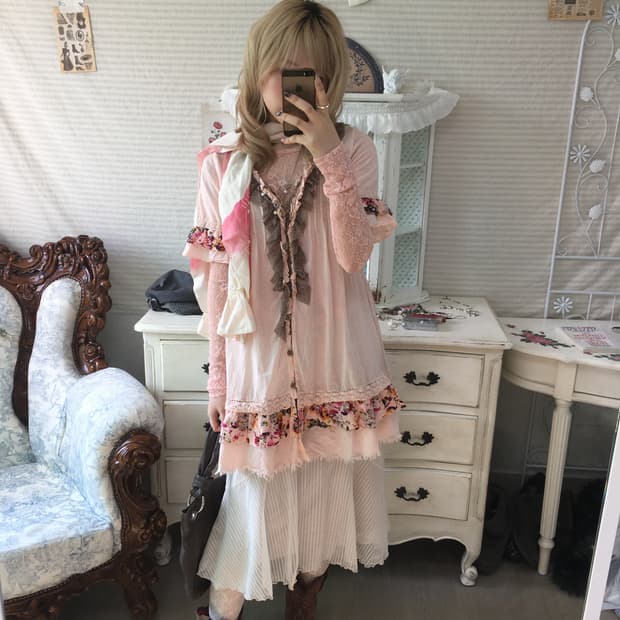 Set) 빈티지 핑크 플라워 레이스 원피스+블라우스+머플러