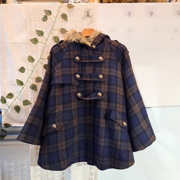 초코 네이비 체크 케이프 코트