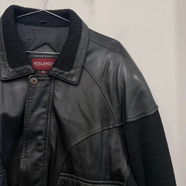 VOSLENZA 램스킨 니트 배색 레더 봄버 자켓