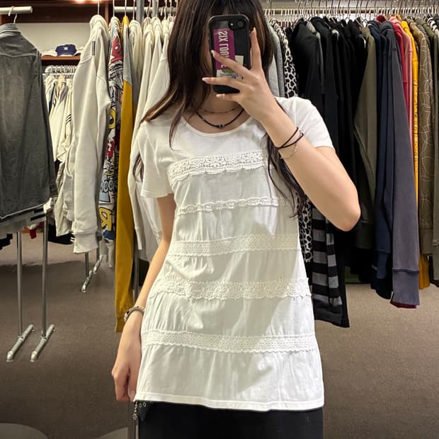M)Japanese vintage 여성 꽃 레이스 디테일 반팔 티셔츠