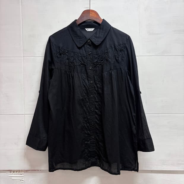 Graceful Days 셔링 스트라이프 시스루 페어리 셔츠 블라우스 J