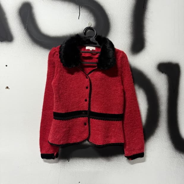 VTG 빈티지 오리엔탈 레드 퍼 카라 니트 가디건