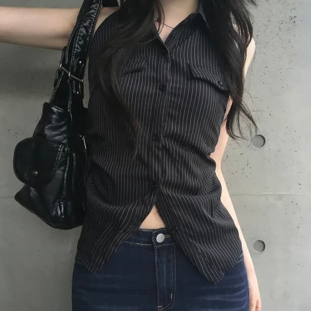 피체 스트라이프 셔링 긱시크 홀터넥 조끼 셔츠
