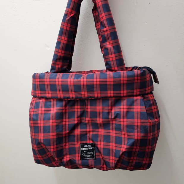 Japan 레드 네이비 체크 패딩 토트백
