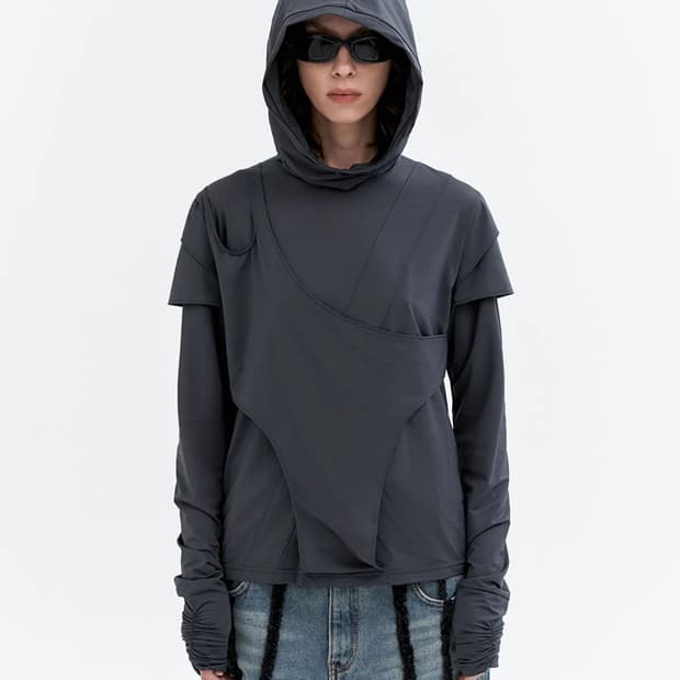 엘이이와이 커프스 셔링 레이어드 후디드 탑 그레이