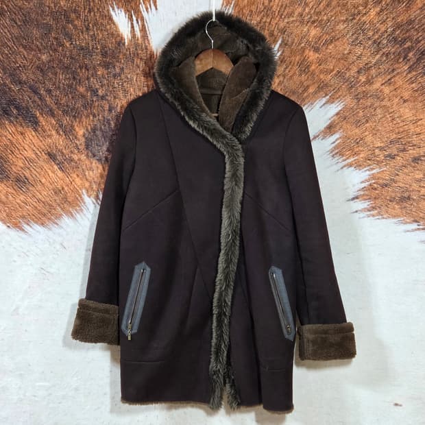 빈티지 브라운 후드 퍼 무스탕 코트