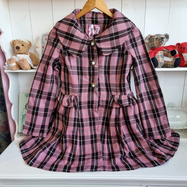 허니번치(Honey Bunch) 딸기초코 체크 빅카라 원피스형 코트