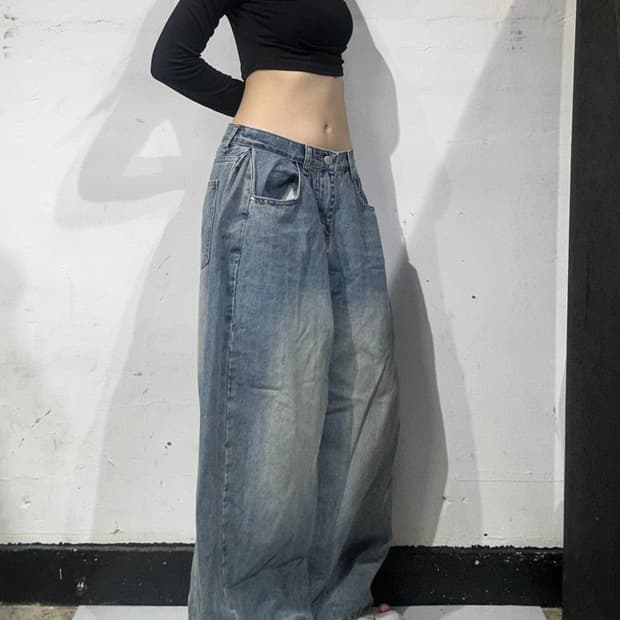 80s 빈티지 연청 와이드 벌룬 청바지 데님 팬츠 L