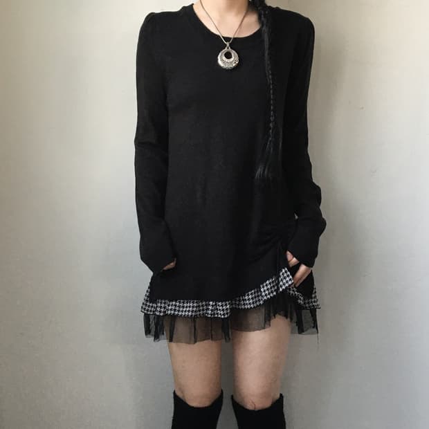 Shirring lace point knit onepiece