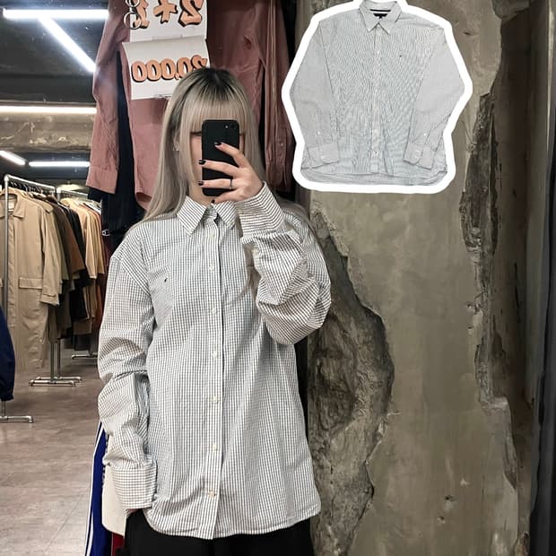 타미힐피거 체크 셔츠 화이트 XL  #csz3026 