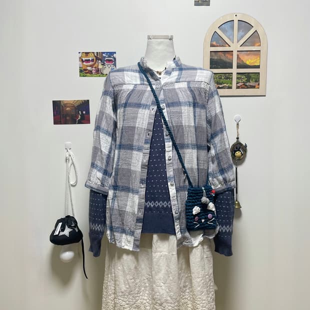 체크 도트 블루 상의세트 #모리걸 #파랑코디 #코디세트