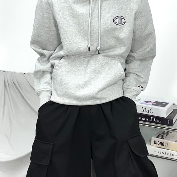 챔피온 그레이 슈퍼플리스 빅로고 후드티 M