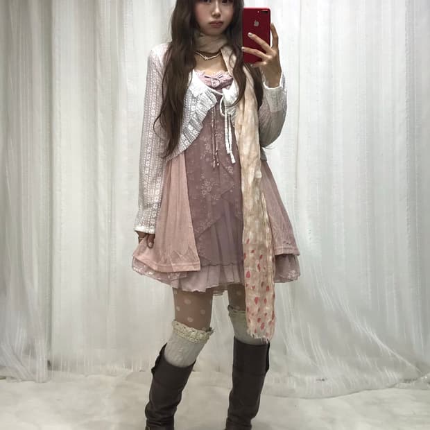 뮤트핑크 페어리 레이스 란제리코어 시스루 원피스 코디세트