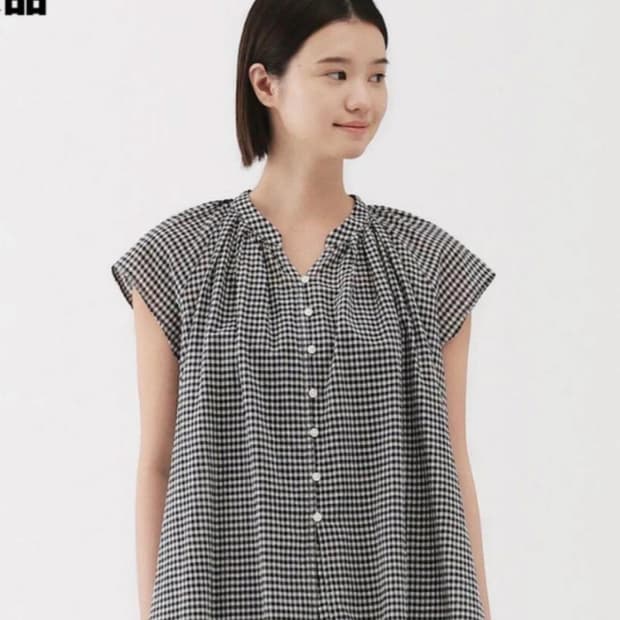 무인양품 무지 강연보일 프렌치슬리브 블라우스 깅엄 체크