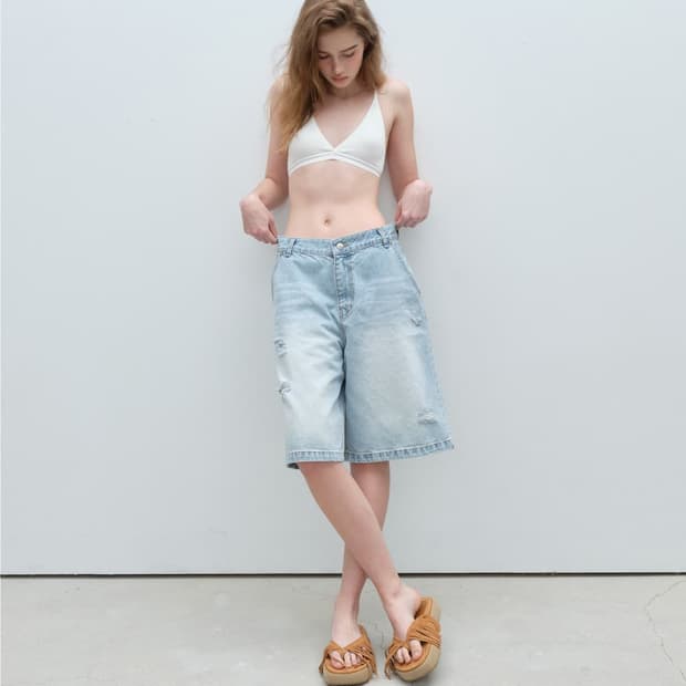 더오유 워시드 버뮤다 데님 쇼츠 M 라이트블루