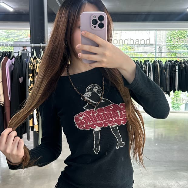 히스테릭글래머 걸프린팅 매쉬 롱슬리브 긴팔티셔츠