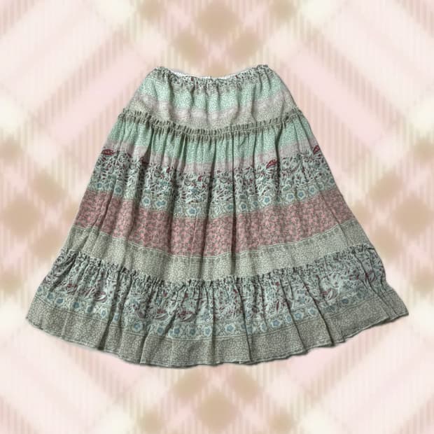 민트 핑크 플로럴 체크 미디 스커트 치마 모리 오리엔탈 빈티지 