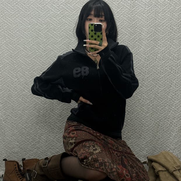 세컨모놀로그 빈티지 스트릿 와플 올블랙 트랙 집업 K0212
